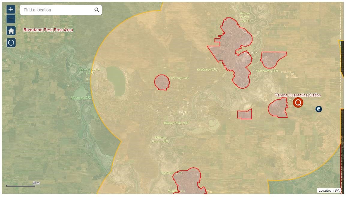 Current Riverland Map outlining Fruit Fly Outbreak Zones